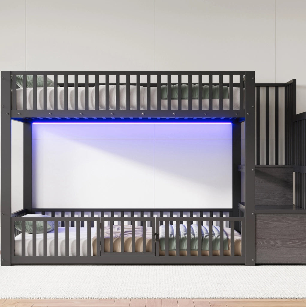 Letto a castello 90x200 con LED; scala contenitore e protezione; nero