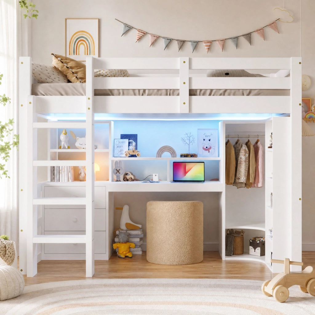 DESMIU Letto a soppalco per bambini 90 × 200 cm 1 posto con LED, armadio, scrivania e cassetti, senza materasso, bianco