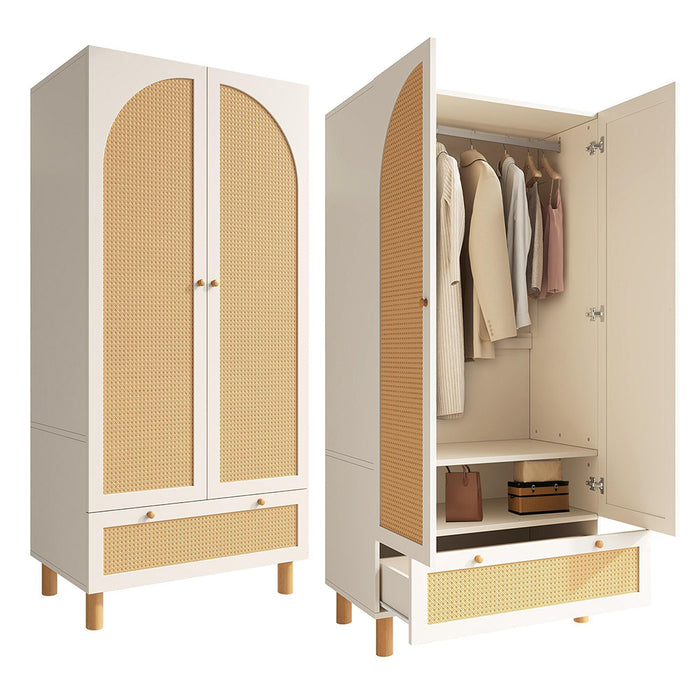 Armadio guardaroba 2 ante con vimini - Xylo - stile cottage, grande cassetto, ripiani regolabili, bianco, 180x85x52 cm