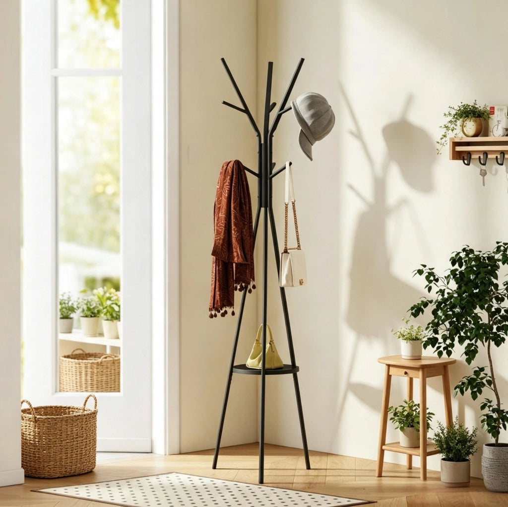 Appendiabiti nero in metallo e MDF con 9 ganci e ripiano, 45x45x180 cm