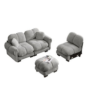 Divano angolare modulare con pouf mobile e cuscino di supporto; seduta trapuntata in chenille grigio chiaro