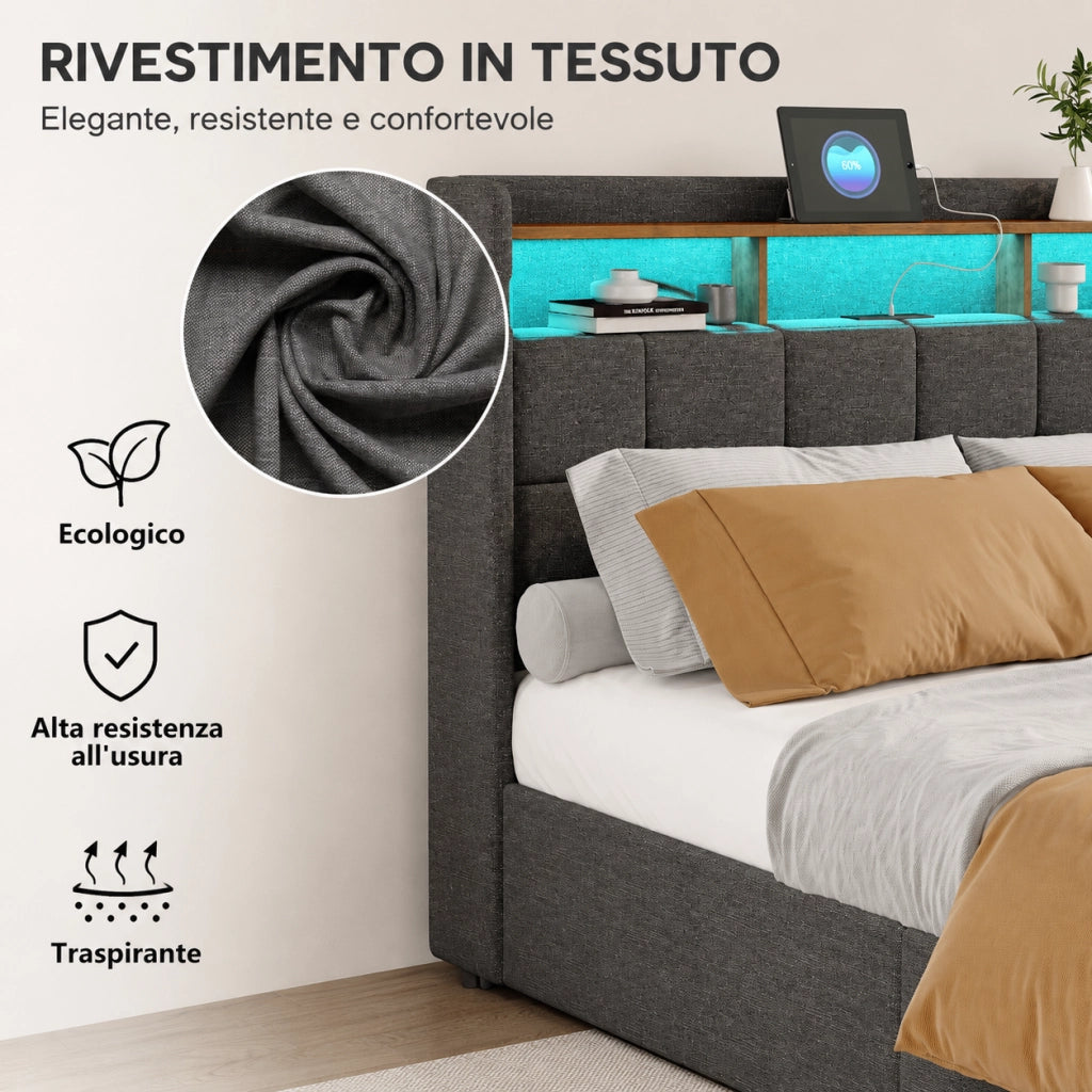Letto matrimoniale 180x200 cm tessuto grigio, testiera contenitore con ricarica USB e USB-C, LED RGB APP telecomando, 4 cassetti estraibili