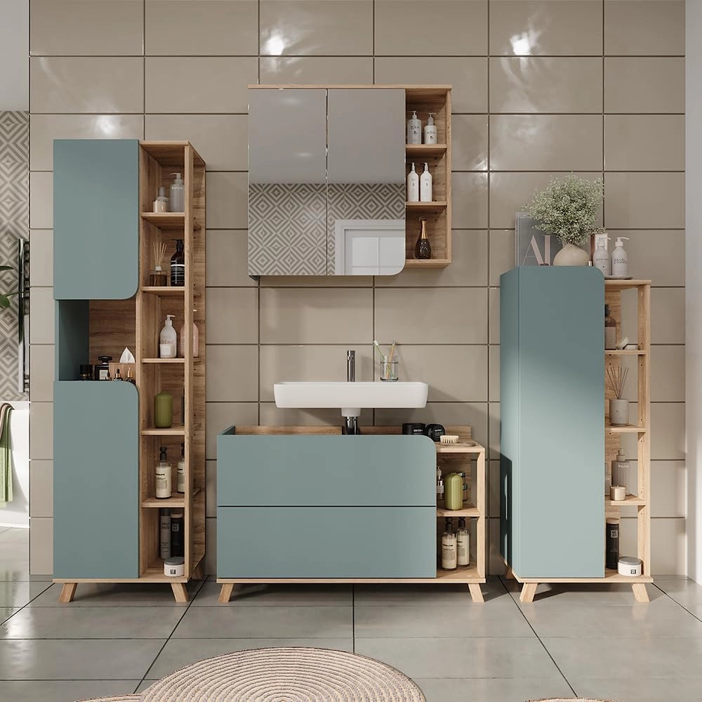 Mobiletto per lavabo Karen, Sonoma/blu, 100 x 65 cm con 2 cassetti, per montaggio sotto il lavabo con apertura per sifone