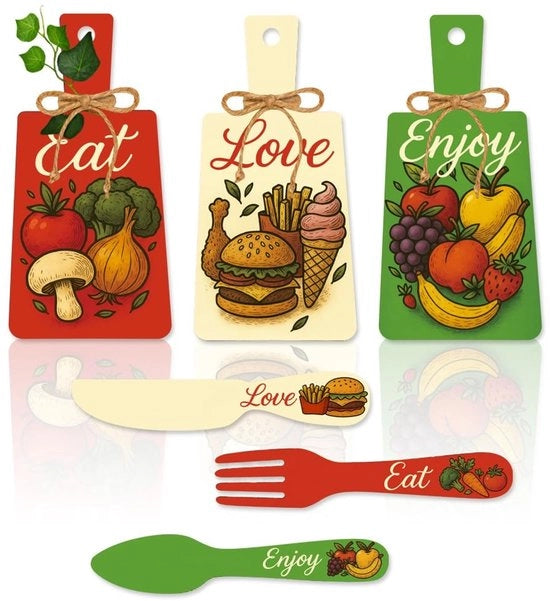 Decorazione per Parete in Legno - 6 Pezzi - Strumenti per la Decorazione della Parete - Snijplank/Vork/Lepel - Sala da Pranzo/Soggiorno - Ampia Applicazione - Ambiente Rilassante