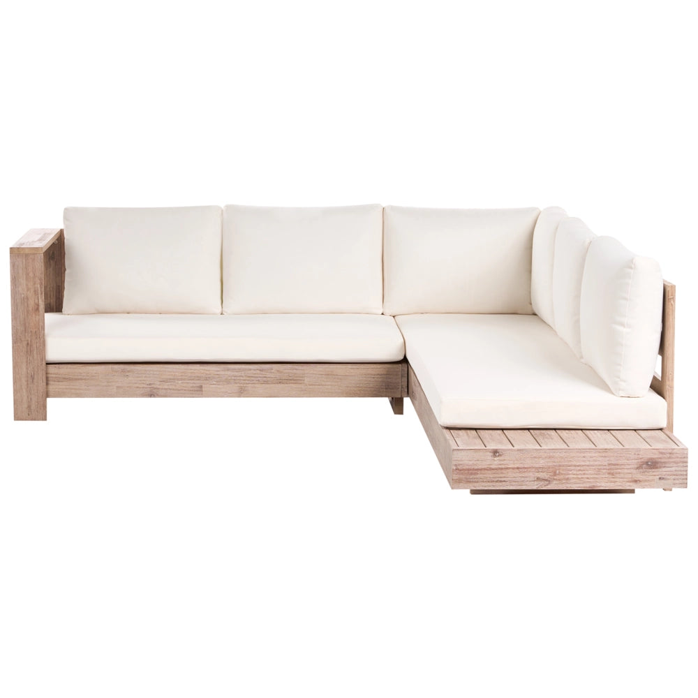 Set divano angolare da esterno in legno di acacia chiaro certificato cuscini bianchi set da salotto a 5 posti a destra e tavolino