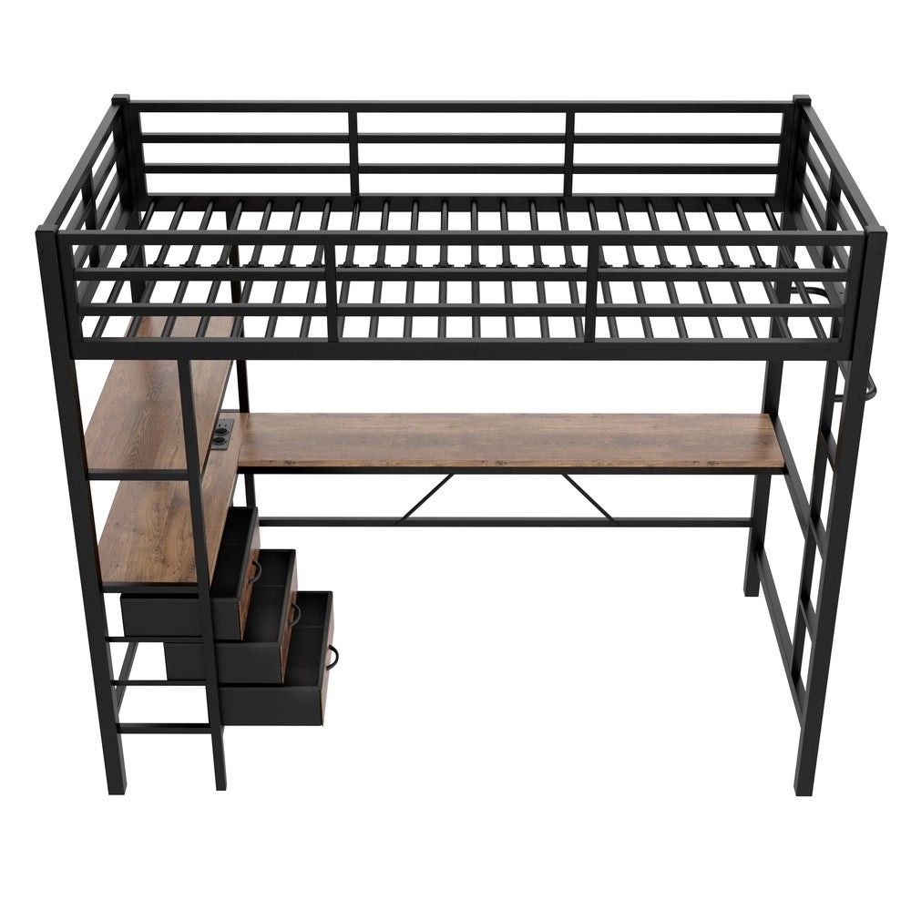 Letto a Soppalco con Scrivania, LED, Cassetti e Rete a Doghe ¨C MINIMAL ¨C Nero 90x200