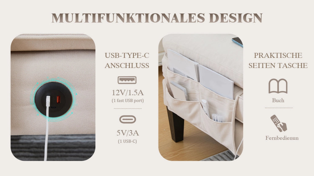 Divano U 4 posti in tessuto effetto lino, beige, con chaise-longue e porte USB/Type-C
