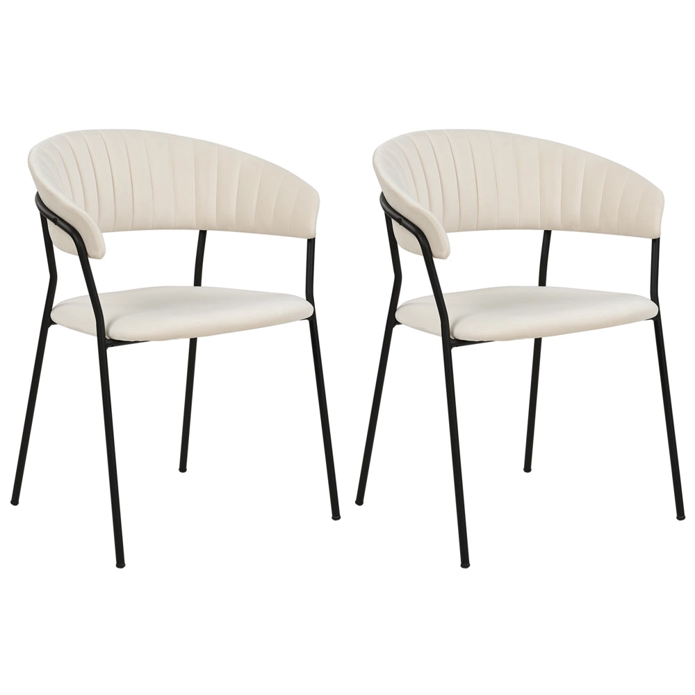 Set di 2 sedie da pranzo in tessuto vellutato bianco sporco  Rivestimento in metallo nero Gambe con braccioli Schienale curvo Design moderno e contemporaneo