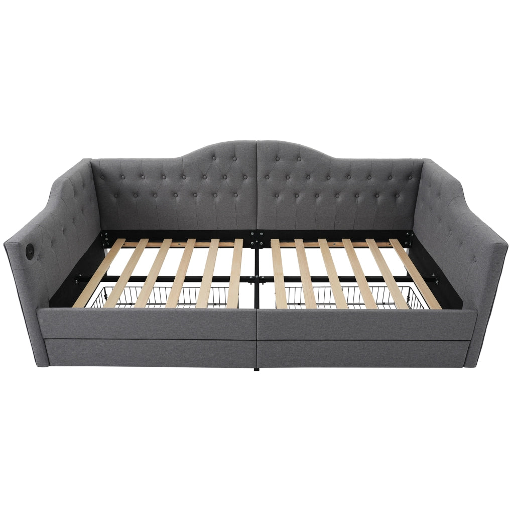 Letto singolo 90x190 cm con USB C e 2 cassetti; tessuto grigio