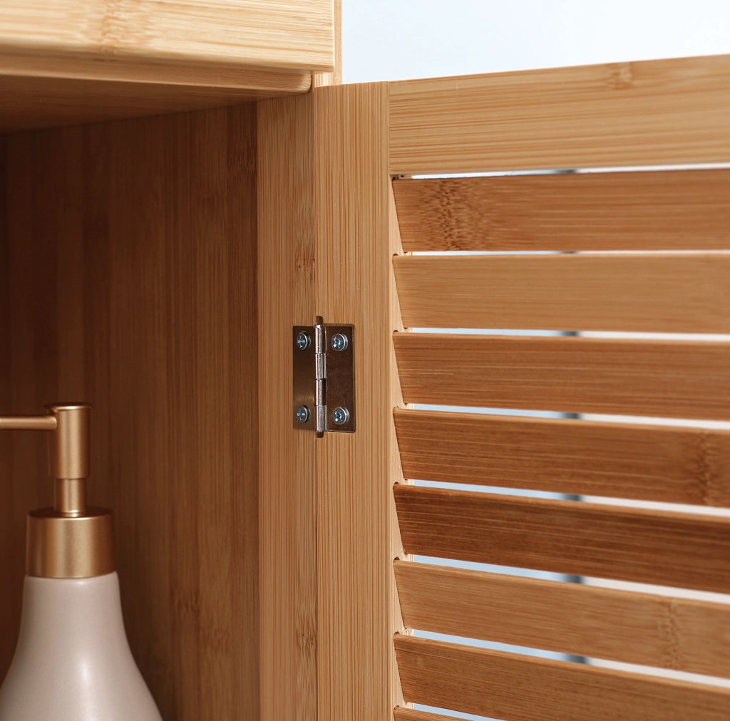 Colonna bagno in bambù con cassetto e anta a lamelle