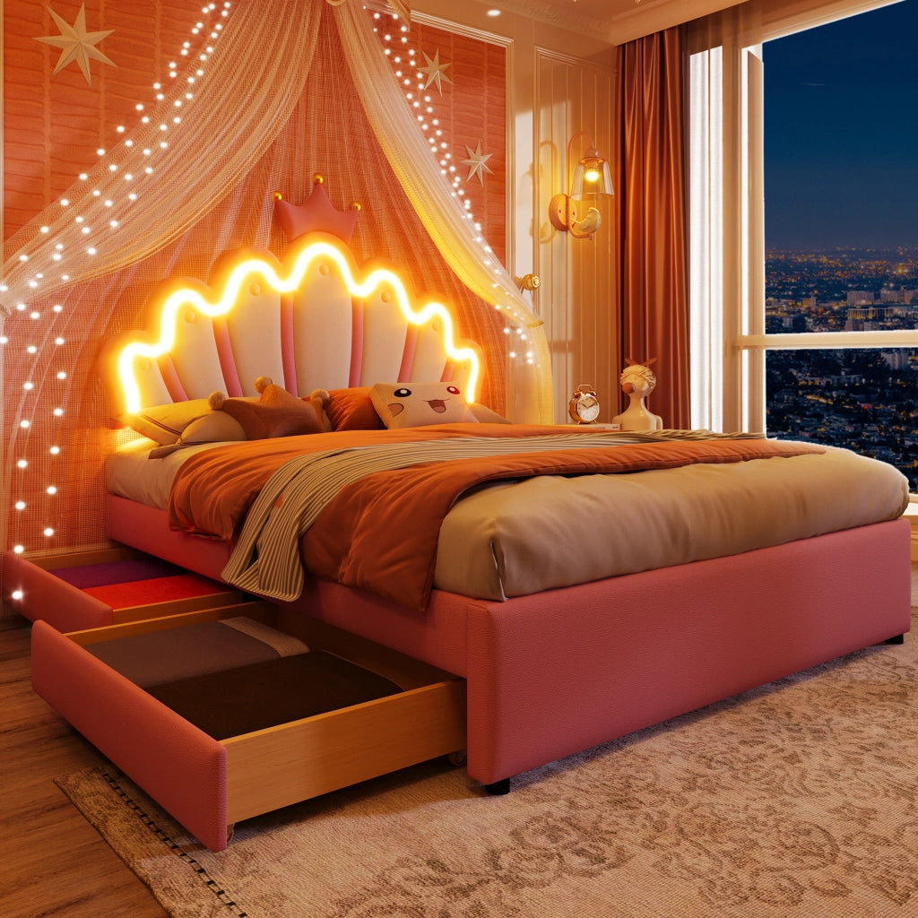 Letto per Bambini 2 Posti con 2 Cassetti; Schienale Regolabile e LED; 140 x 200 cm; senza Materasso; Rosa