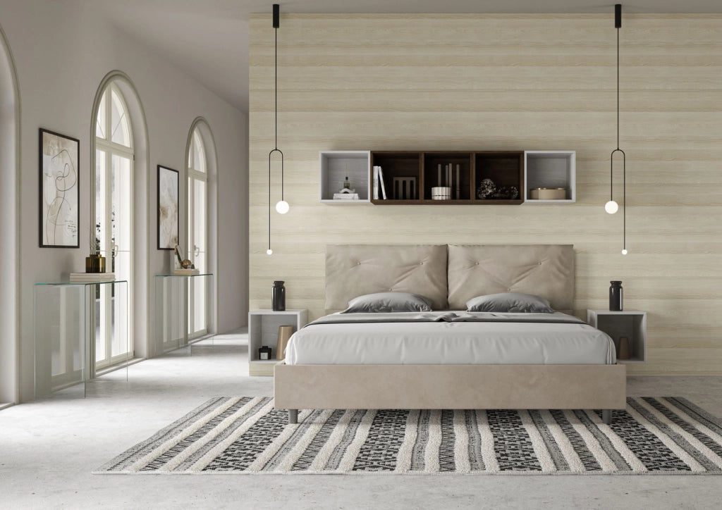 BS COM Letto matrimoniale king size con rete imbottito 200x200 microfibra sabbia