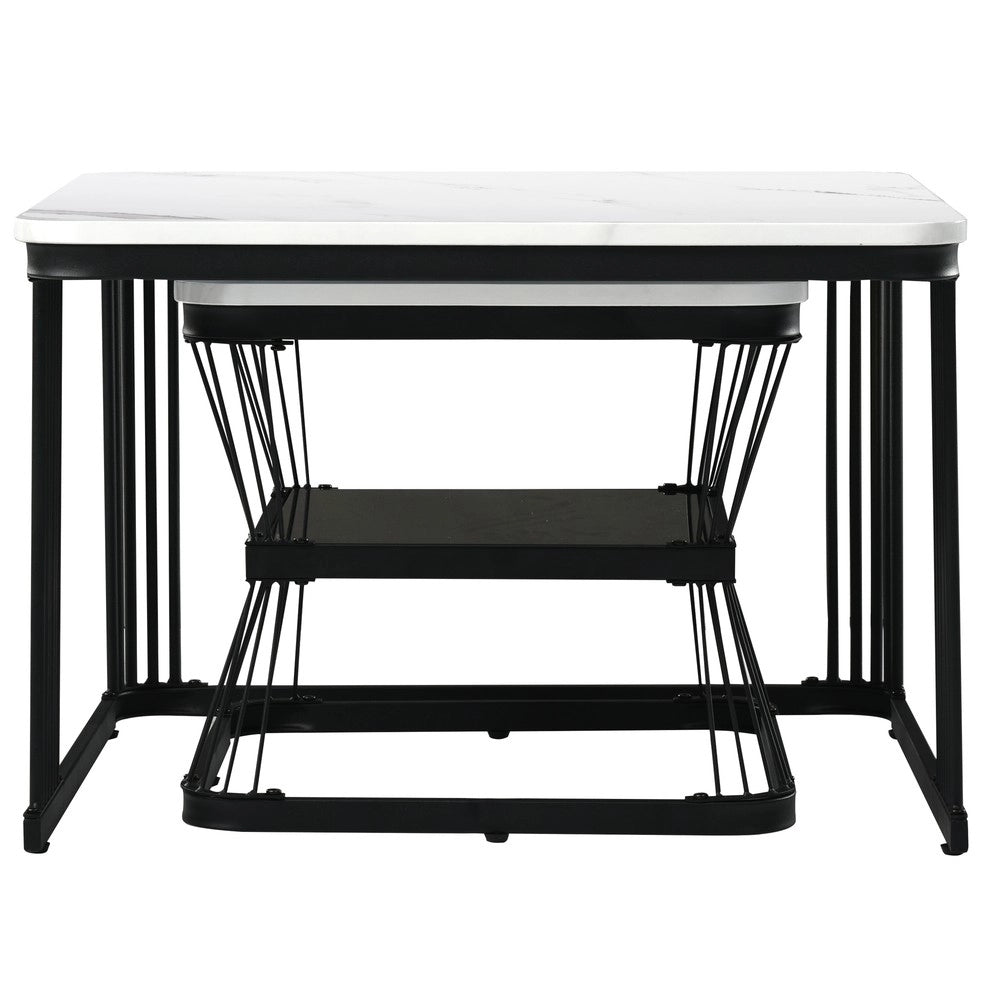 Set 2 Tavolini da Salotto ¨C Xylo ¨C MDF Effetto Marmo, Metallo Bianco Lucido e Nero