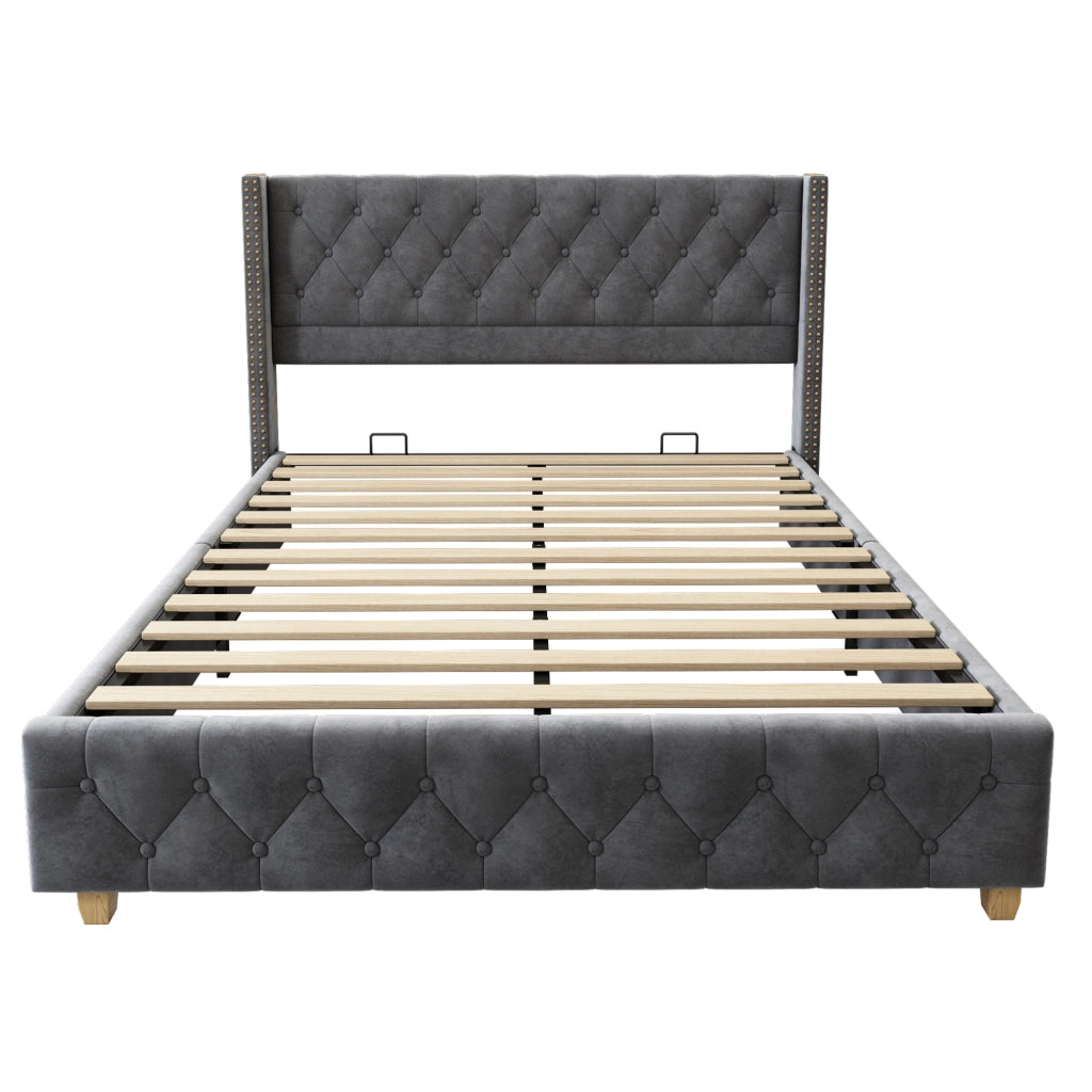 Letto imbottito 140x190 cm in velluto grigio con rete a doghe