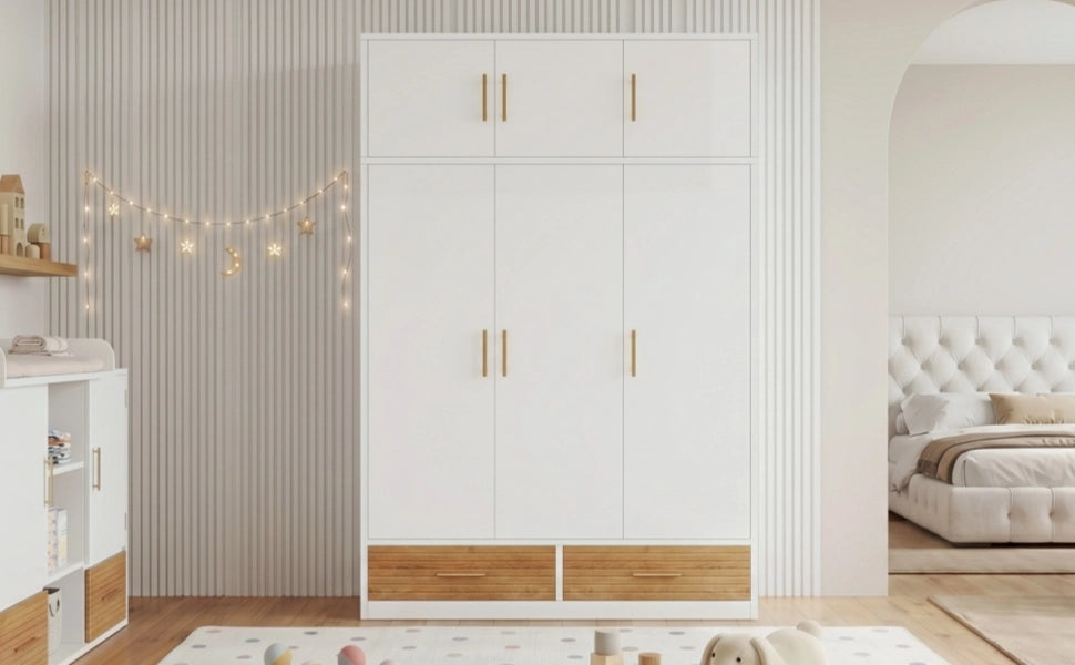 Armadio a 3 ante con vani superiori, asta appendiabiti e 2 cassetti, 120x50x180 cm, bianco