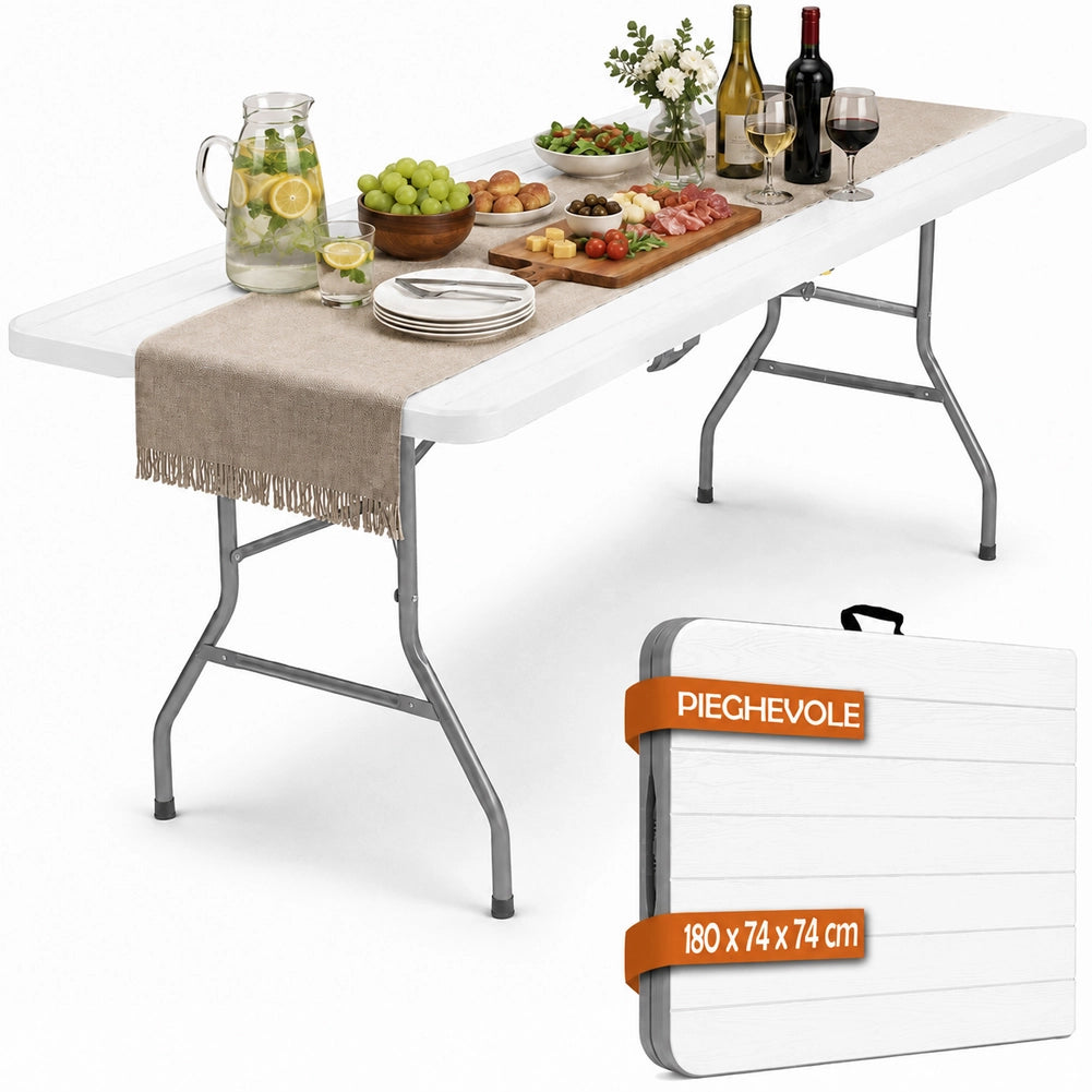 Tavolo Pieghevole Bianco Effetto Legno Resistente Tavolino Esterno 180x74x74cm