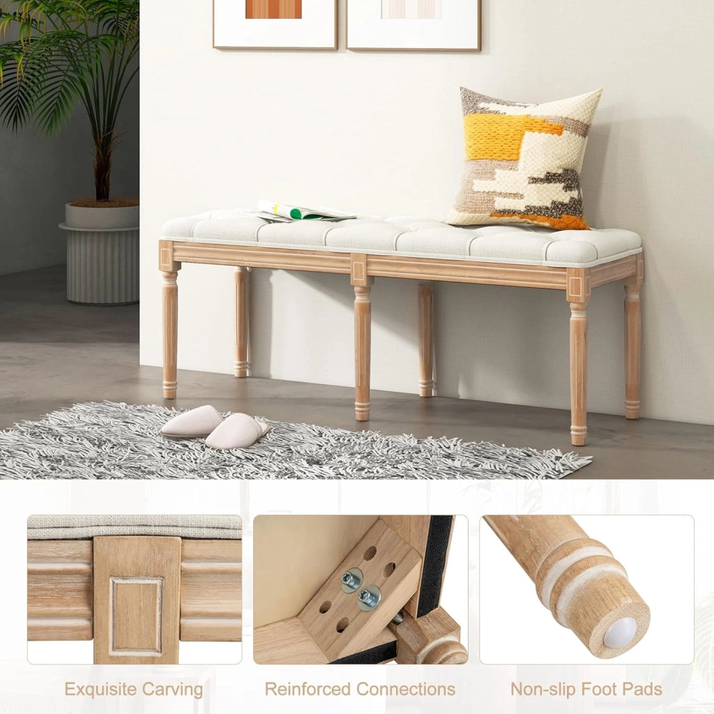 Panca a 2 Posti da Ingresso Vintage, con Gambe in Legno di Caucciù, Seduta Imbottita, Panca Porta Scarpe per Ingresso, Salotto, Camera da Letto, Capacità 300 kg, 120 x 40 x 49 cm, Beige