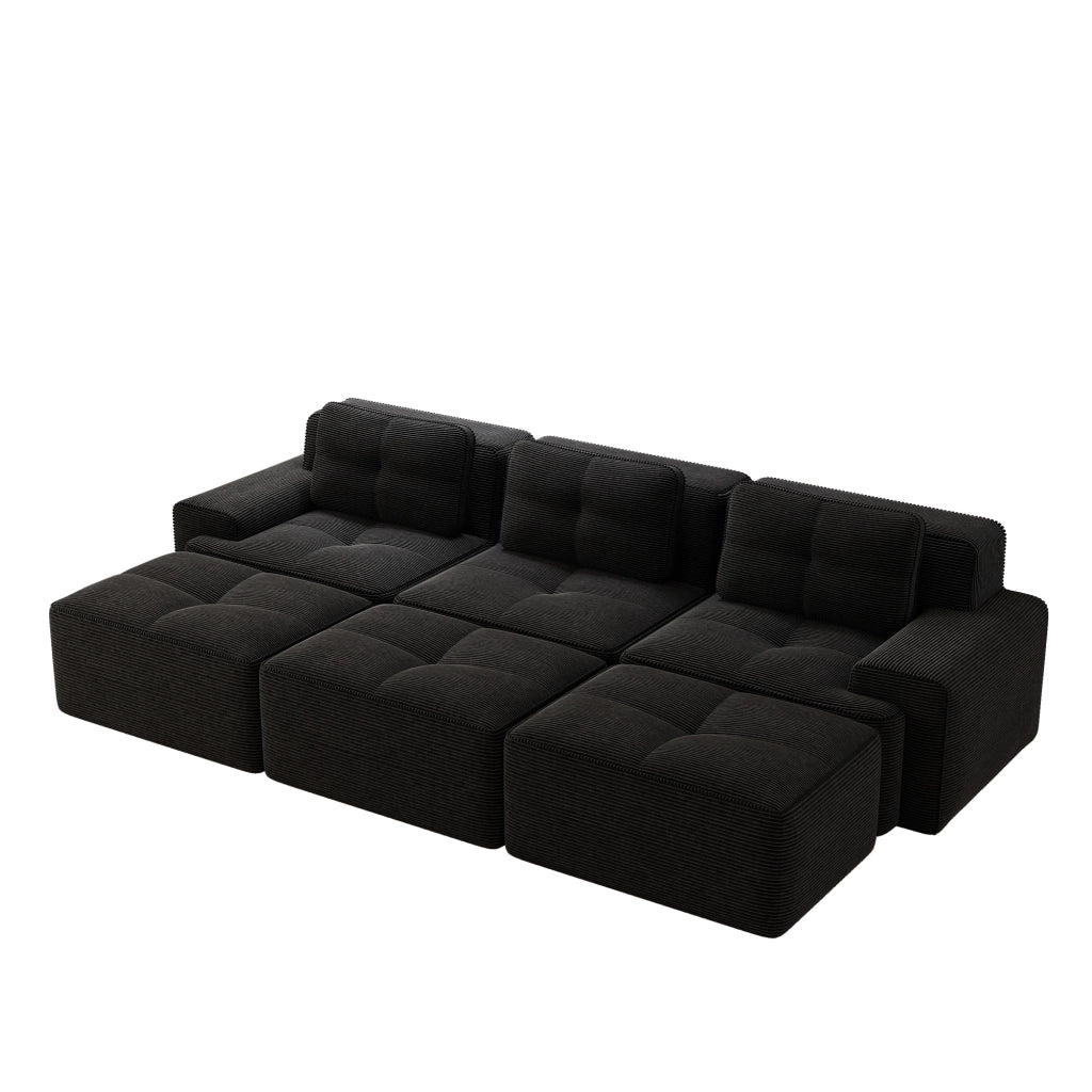 Divano Angolare Modulare 3 Posti con Schlaffunktion ¨C MINIMAL ¨C Velluto a Coste Nero, 3 Pouf
