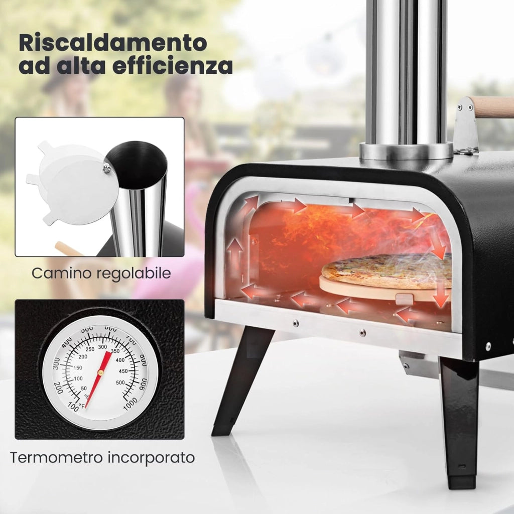 Forno per Pizza Portatile, Forno da Esterno con Pietra per Pizza Rotante a 360°, in Acciaio Inossidabile a 3 Strati con Termometro e Borsa da Trasporto, Nero e Argento