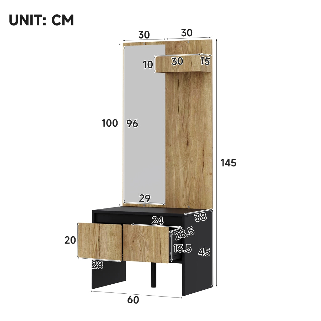 Set ingresso salvaspazio con appendiabiti, specchio, panca porta scarpe e 2 cassetti, colore naturale e nero, 60¡Á38¡Á145 cm