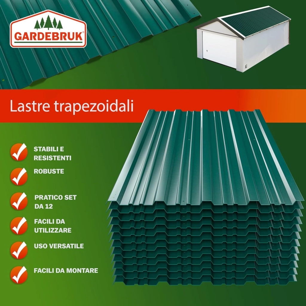 12x Lamiere Zincate Profilate 129cm x 46cm = 7m² Lastre Trapezoidali Pannelli Copertura in Metallo Tetto Tettoia Lamiera Grecata Onduline Verde