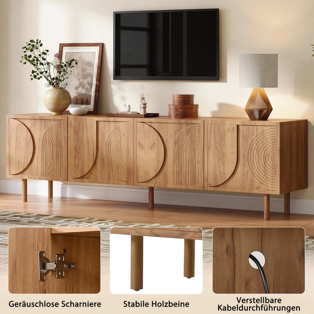 Mobile porta TV con 4 ante e 2 vani, passacavi, rilievo 3D, per soggiorno, in legno, naturale, 180 × 38 × 56,5 cm