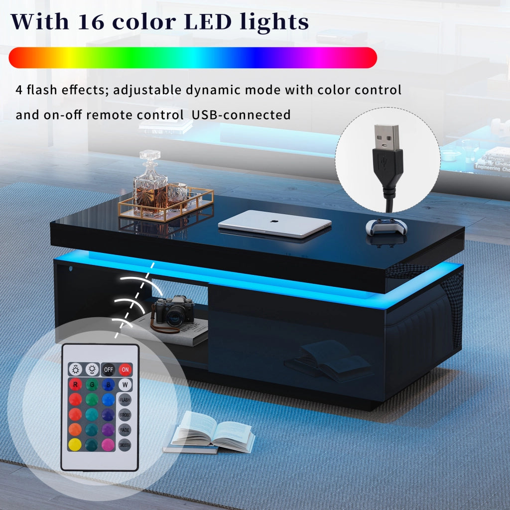 Mobile TV e Tavolino da Soggiorno con LED; Frontali Lucidi; Pannelli di Truciolare; Nero