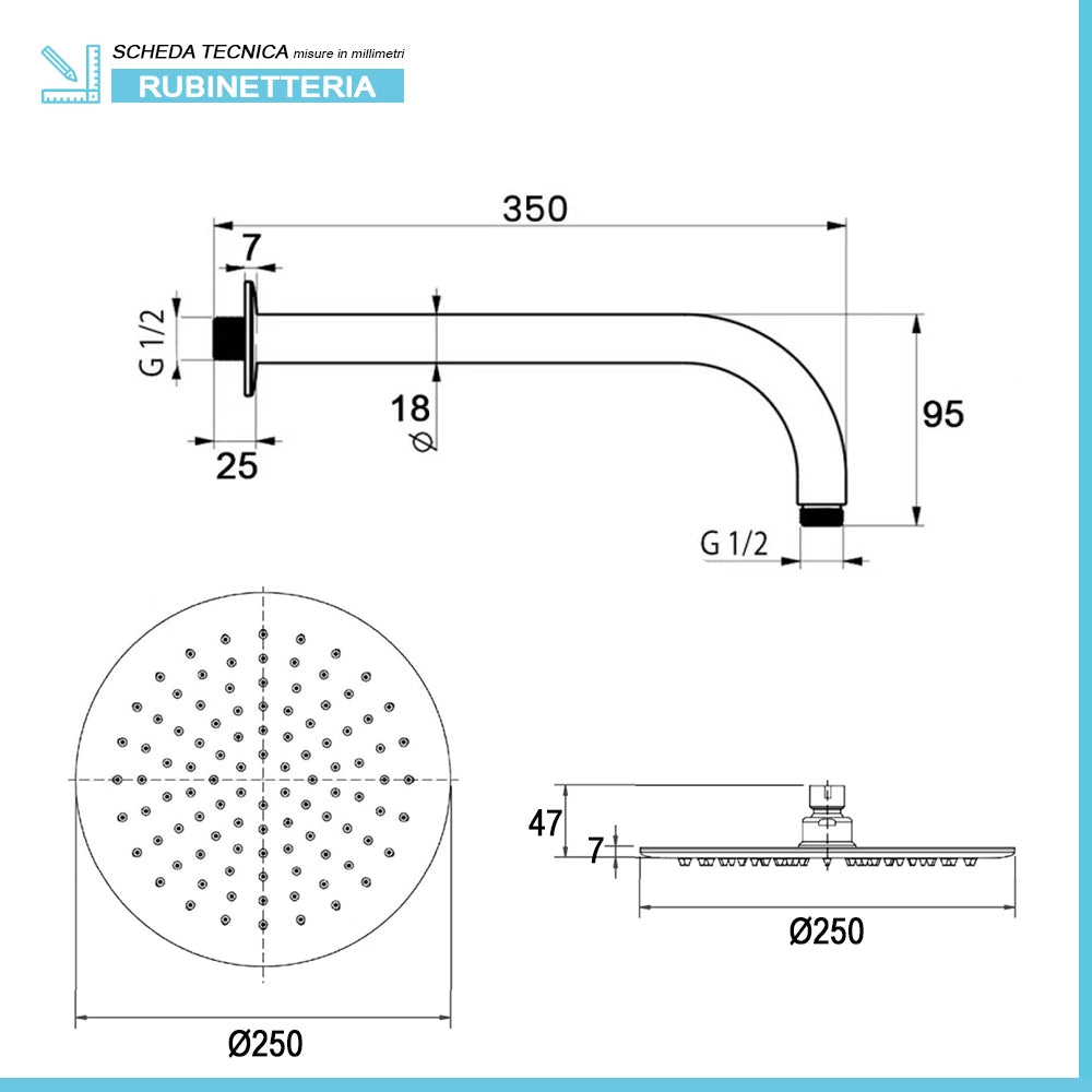 Set doccia nero opaco con braccio 35cm, soffione 25cm e miscelatore linea Flat