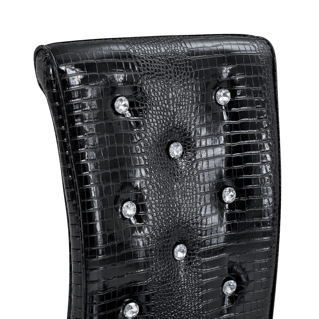 Sedia da pranzo in PVC effetto coccodrillo nera con struttura in metallo cromato e dettagli cristallo