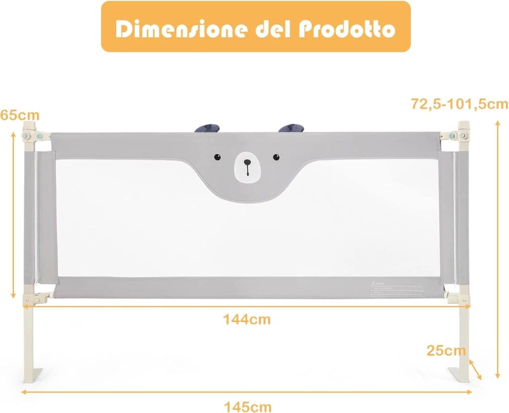 Barriera Letto per Bambini, Sponda di Sicurezza con Doppio Blocco di Sicurezza per Bambini, con Sollevamento Verticale, Lunghezza 145/174 cm, Grigio (145 cm, Stile 2)