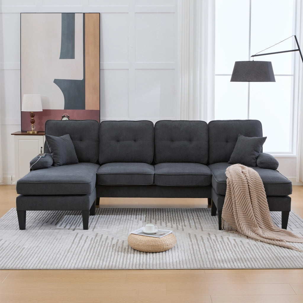 Divano a U 4 posti in tessuto di lino con 2 chaise longue; tasche; USB e Type-C; grigio scuro