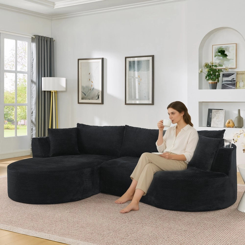 Divano 3 Posti con Chaise Longue e Cuscini ¨C Xylo ¨C Nero, Tessuto a Coste, con Portabicchieri