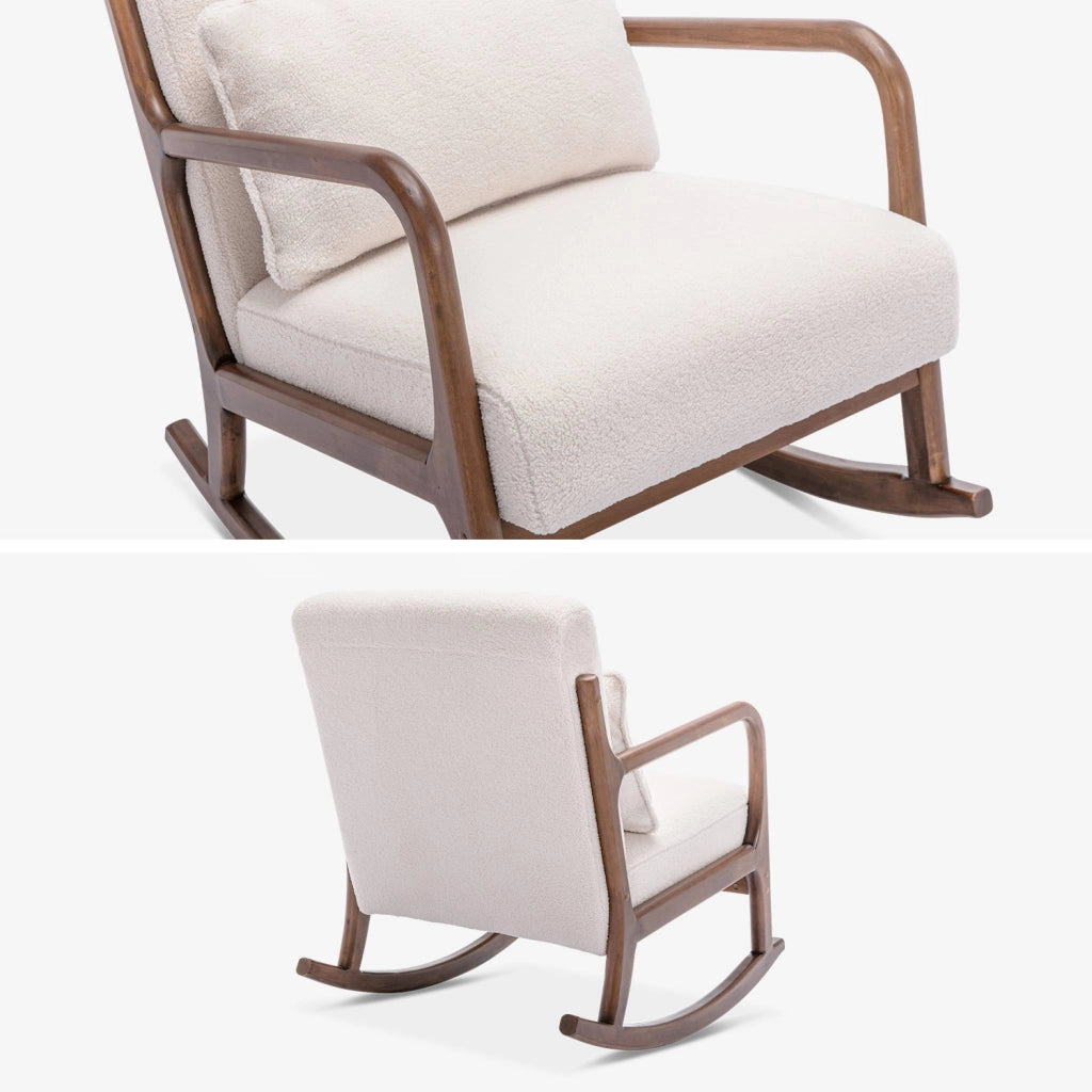 Poltrona a dondolo scandinava in legno e tessuto bouclé, crema