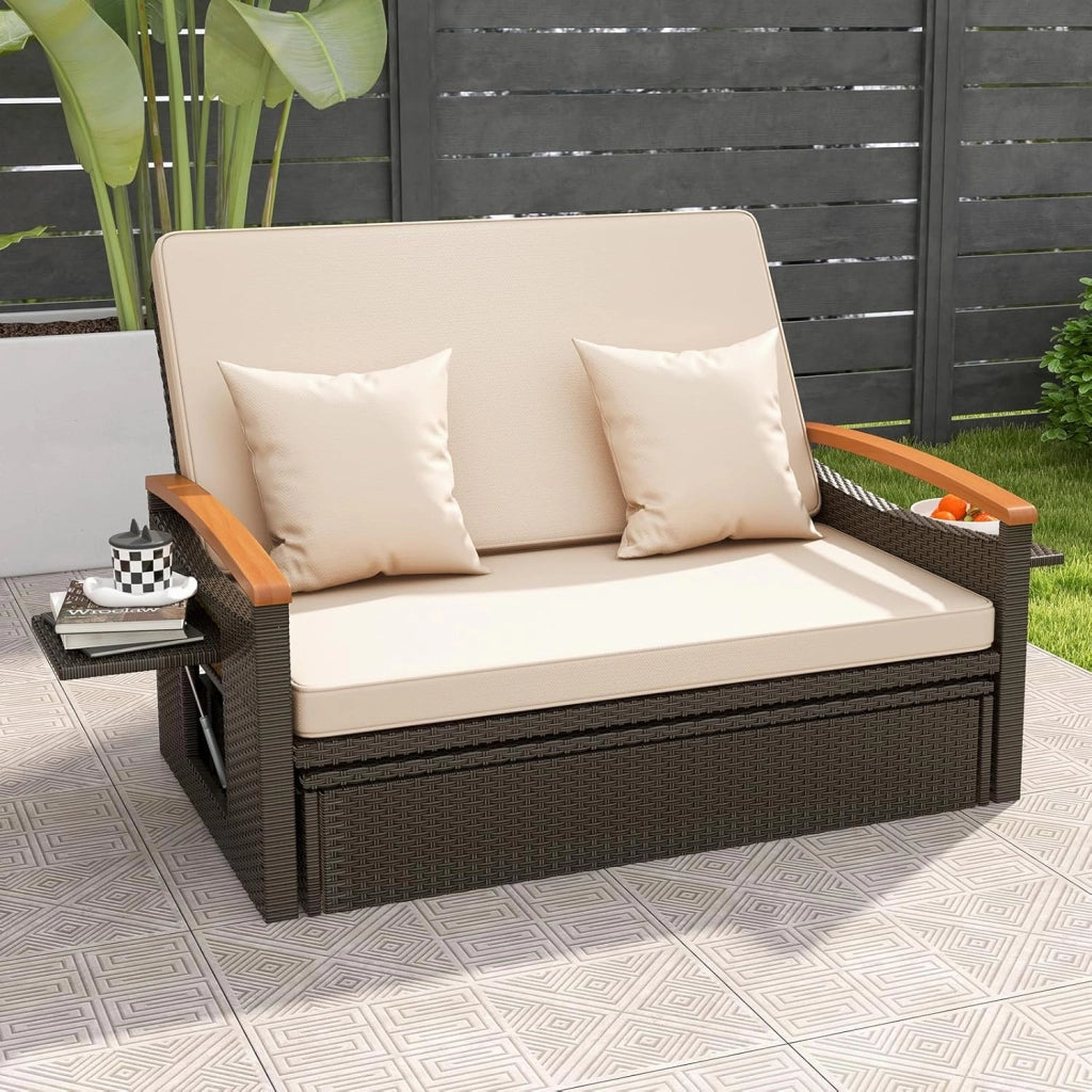 Set Divano da Giardino in Rattan, con Cuscino e Panca Contenitore, Divano Letto con Schienale Regolabile a 4 Livelli e Vassoi Laterali Estraibili, per Giardino Piscina Cortile
