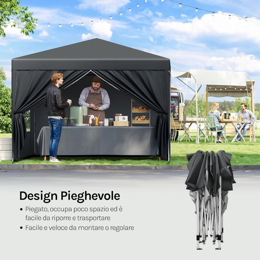 Gazebo da Giardino Richiudibile 3x3m Gazebo da Esterno Ferro Regolabile in Altezza Tendone Pieghevole con Telo Idrorepellente, Protezione Solare, Facile Montare Antracite