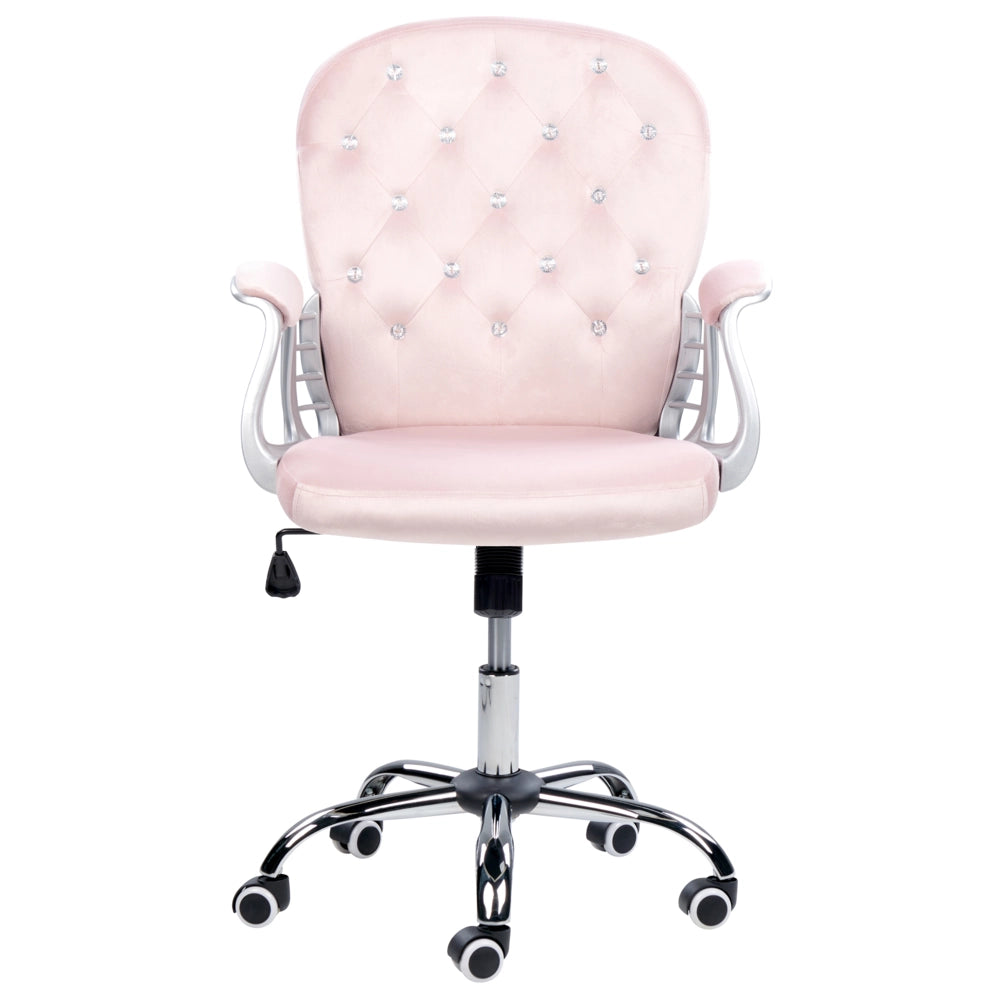 Sedia da ufficio in velluto rosa con cristalli e altezza regolabile e schienale trapuntato stile retrò moderno