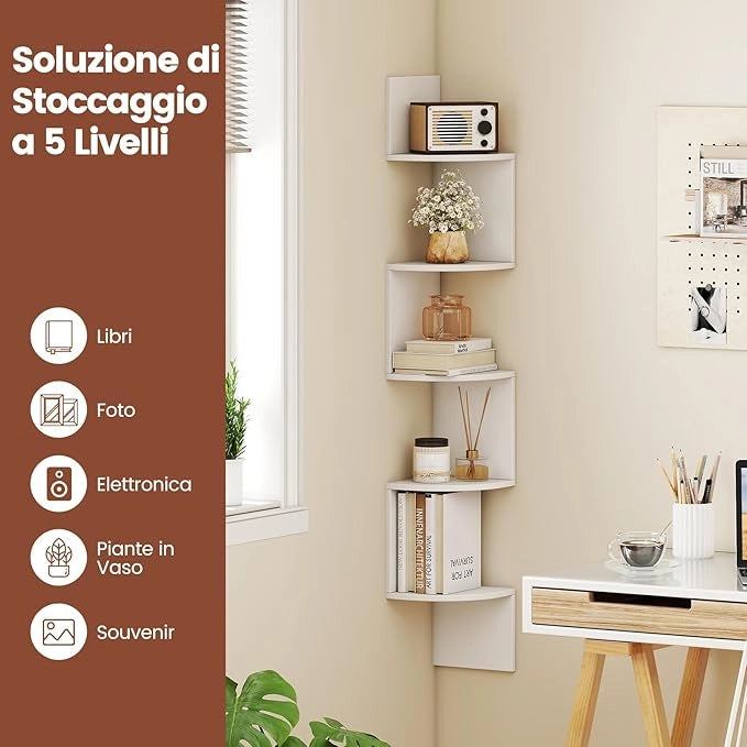 Scaffale Angolare a 5 Livelli, Scaffale Sospeso a Muro, Organizzatore di Stoccaggio a Parete, Espositore in Legno per Soggiorno Camera da Letto e Cucina, 20 x 20 x 126 cm (Bianco)
