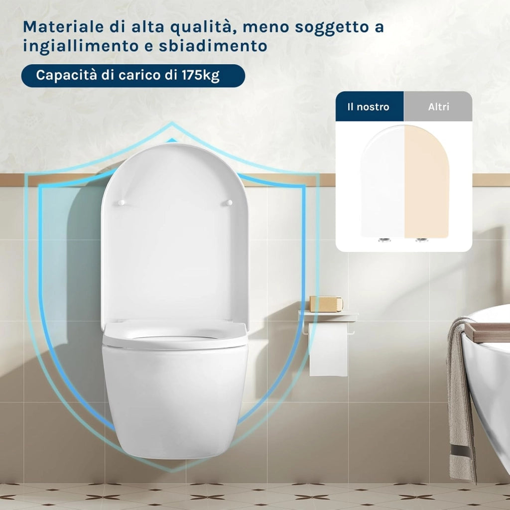 Copriwater Sedile WC Coperchio con Chiusura Ammortizzata Soft Close Toilet Seat Bagno in Plastica Bianco Forma di D