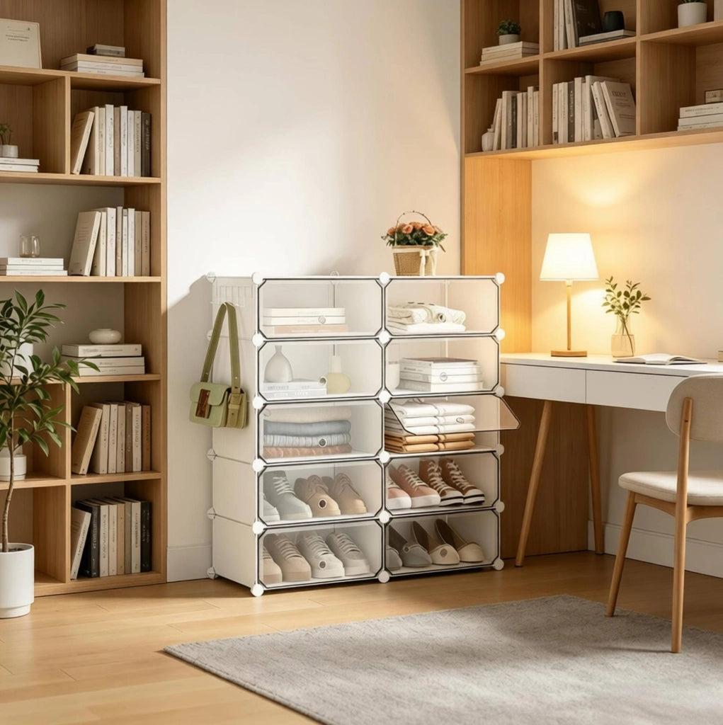 Scarpiera modulare ULEVR 40x30x170 cm con 10 scomparti e ante, in PP e metallo, bianca