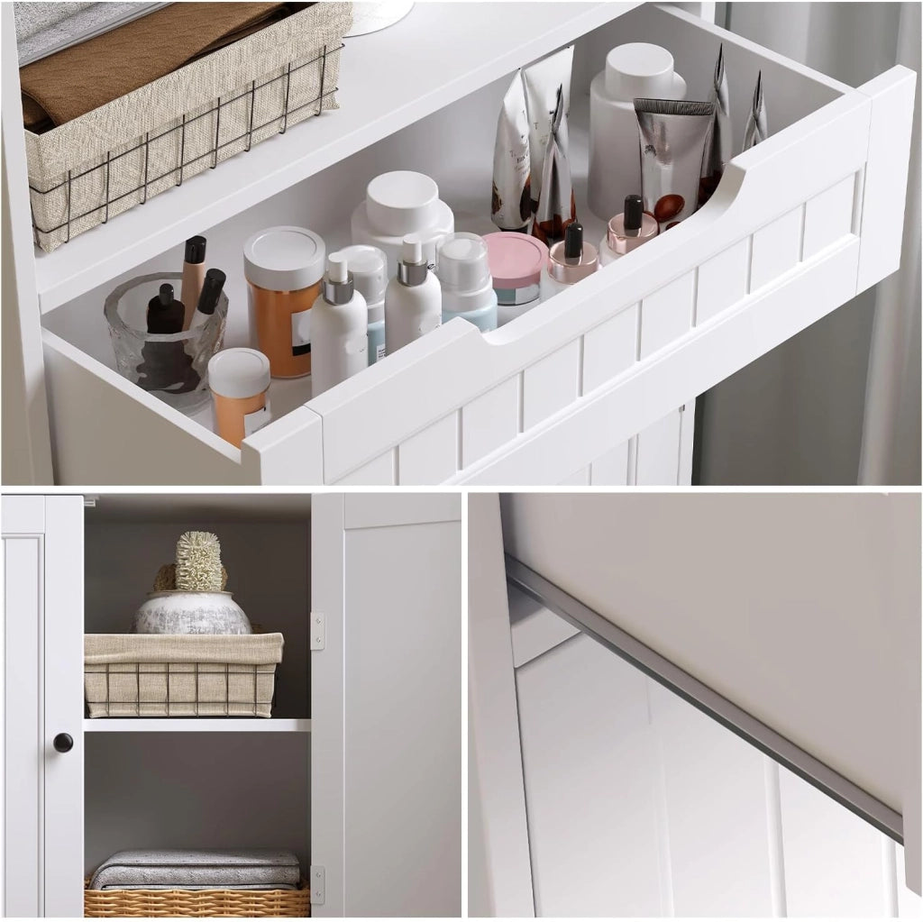 Mobiletto da bagno, mobiletto portaoggetti da bagno con 1 ripiano aperto, 1 cassetto e 1 ripiano da pavimento regolabile, per bagno, soggiorno, sala da pranzo, 60x30x108CM,Bianco