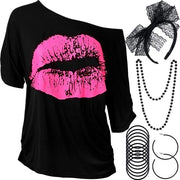 Set di accessori per costume anni '80 per donna - T-shirt con stampa labbra - nero - cintura, orecchini, collana e bracciale - adatto per festa tematica