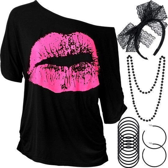Set di accessori per costume anni '80 per donna - T-shirt con stampa labbra - nero - cintura, orecchini, collana e bracciale - adatto per festa tematica