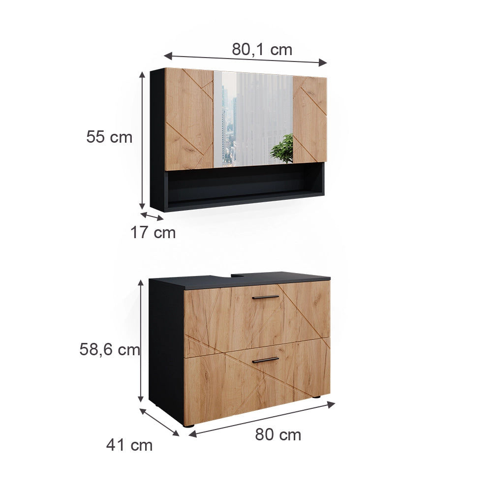 Vicco Set mobili bagno Quercia dorata/antracite 2 parti, mobile base 80 cm