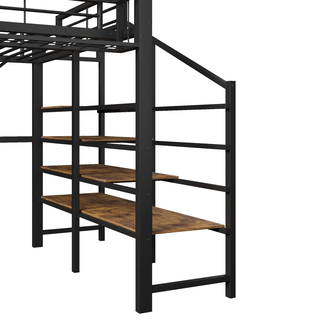 Letto a soppalco 140x200 cm con scaffale a gradini; vano portaoggetti e LED; in MDF e metallo nero