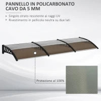 Pensilina da Esterno per Finestre e Porte, in Policarbonato e Alluminio, 303x100x26cm - Marrone