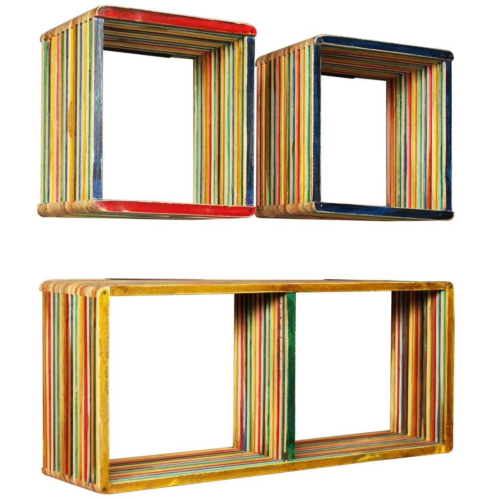 3 pz Set di Mensole | Ripiano | Scaffale in Massello di Teak di Recupero Multicolore