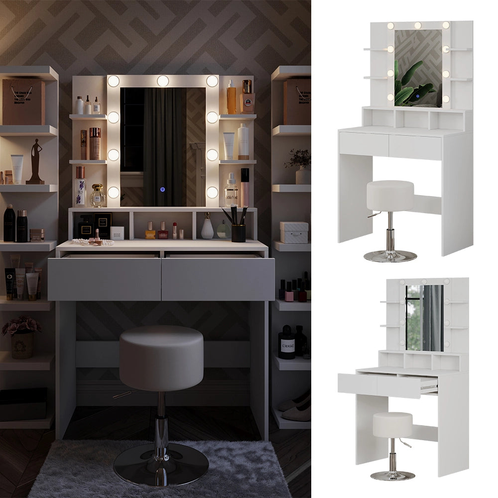 Vicco Tavolo da toeletta Bianco 80 cm con illuminazione LED e sgabello
