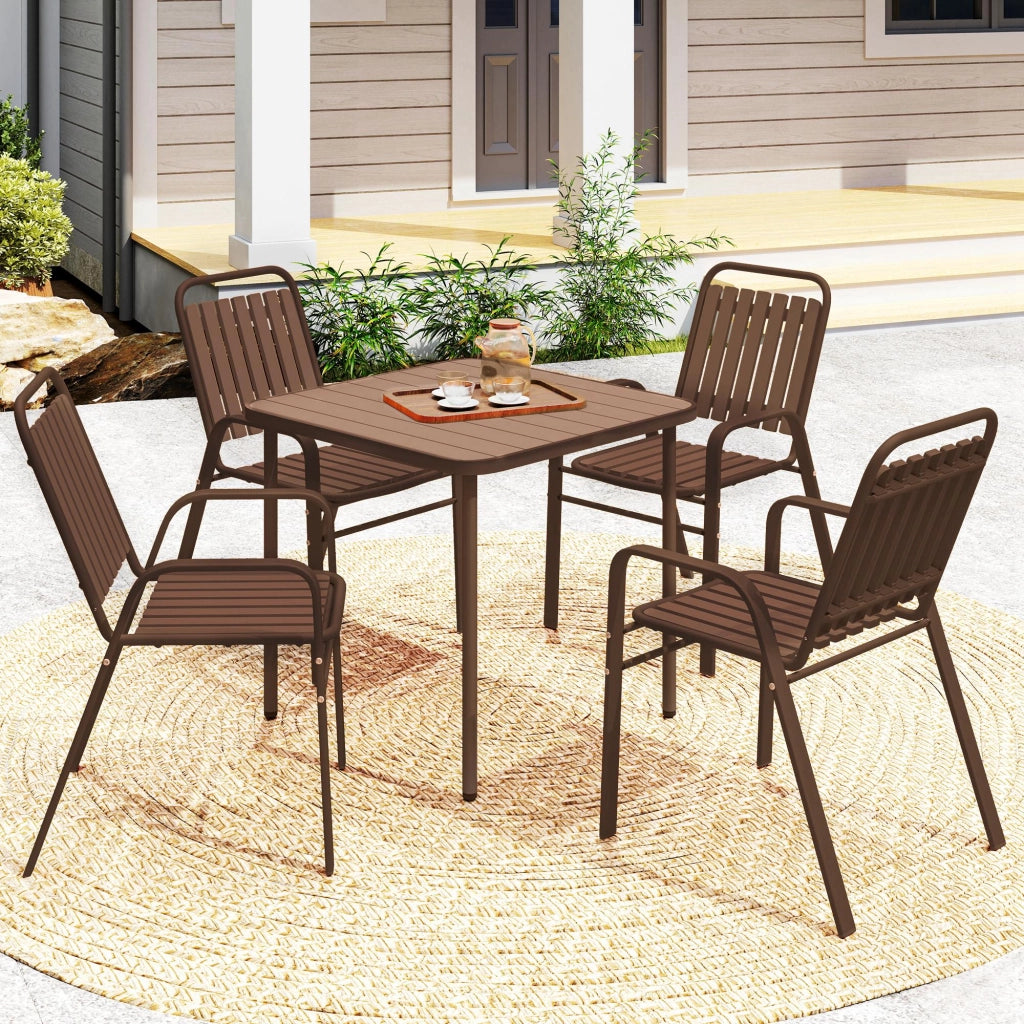 Set 4 Sedie per Esterno Impilabili con Schienale Alto e Braccioli, in Acciaio e PP, 56x66x91 cm, Marrone Scuro