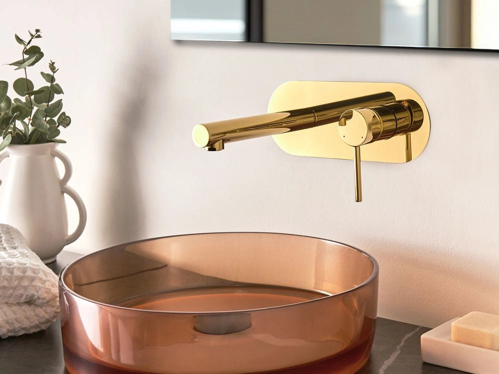 Rubinetto miscelatore da lavabo a parete in ottone color oro con singola maniglia