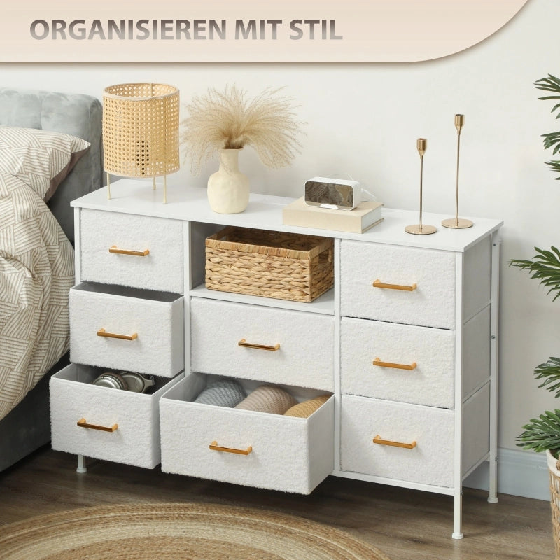 Comò con 8 cassetti e stazione di ricarica in tessuto bouclé, per ingresso e soggiorno, crema bianco 110 × 30 × 76 cm